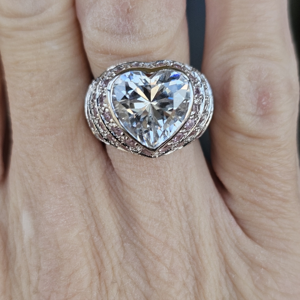 Perfect Heart Shaped Diamond & Pink Sapphire Simulant Ring Sterling Silver Sz 6! - Picture 6 of 6